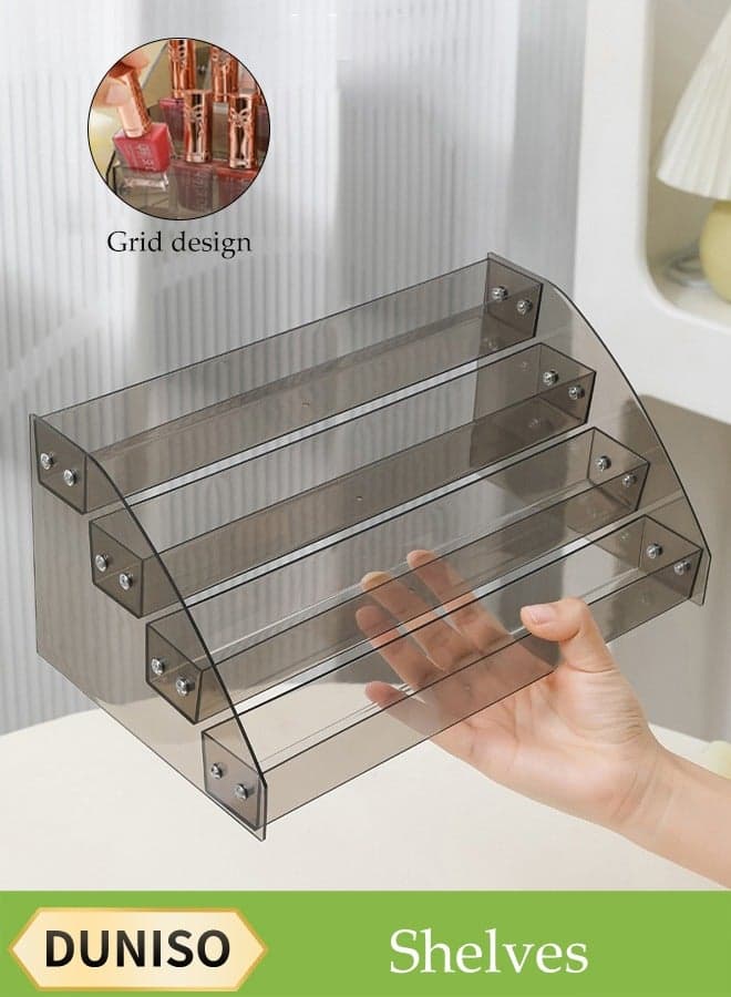 4-Layer Transparent Black Nail Polish Display Holder, Nail Polish Rack, Multi-Layer Trapezoidal Cosmetics Lipstick Organizer, Desktop Display Stand, Suitable For Eyeshadow Palette, Powder Pad, Lipstick And Perfume Organization, Professional Nail Salon Makeup Table