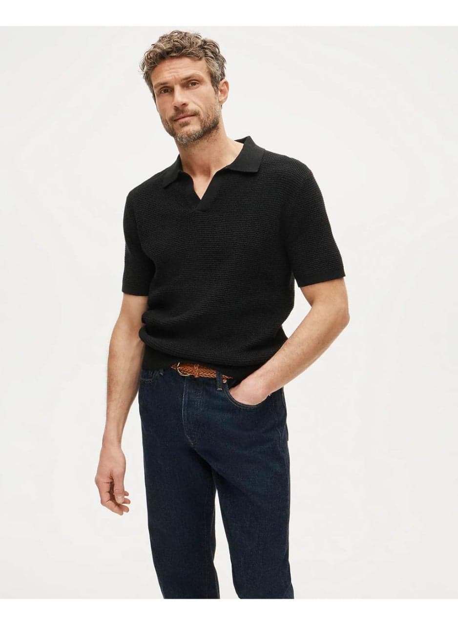 Men's Black Textured Knit Polo Shirt