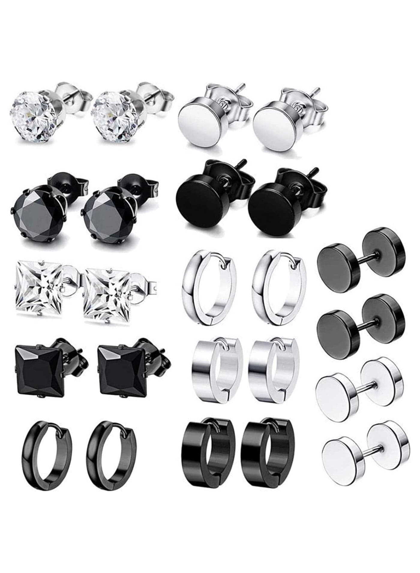 Stainless Steel Stud Earrings Set,Hoop Earrings Set for Men and Women Unisex, Boys Girls Jewelry Set Gift (12 Pairs Set)