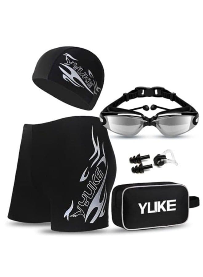 Men's Swimm Short Set,6Pcs Men Swimwear Set Swimming Trunks, Swim Goggles,Swim Cap,Ear Plugs,Nose Clip,Swim Bag, Adult Swim Beach Essentials, Black