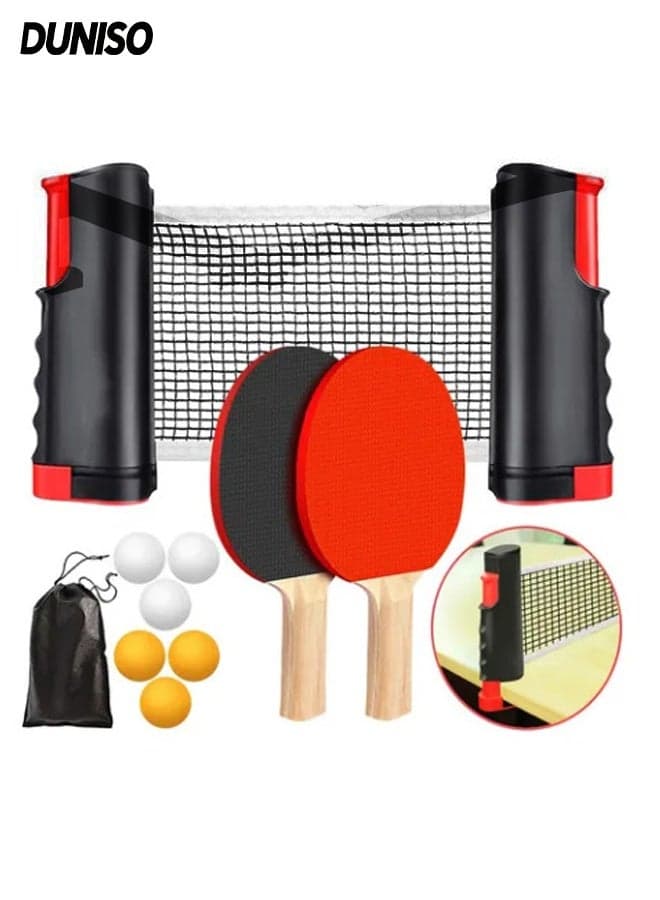 Table Tennis Paddle Set,Portable Table Tennis Set with Retractable Ping Pong Net, 2 Professional Table Tennis Rackets, 6 Balls, Storage Bag, Ideal Indoor and Outdoor Table Tennis Rackets Set Family Fun, Gift