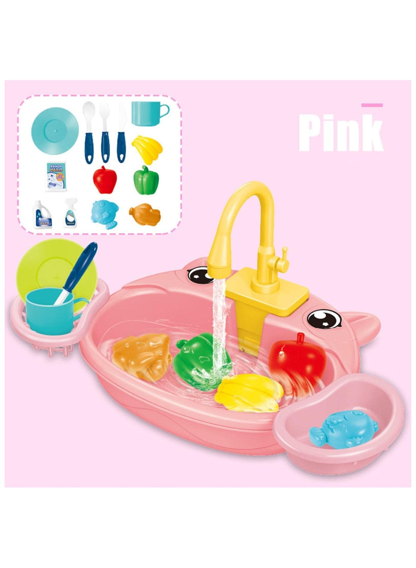 Kids Kitchen Sink Toy – Pretend Play Sink with Working Faucet, Water Circulation & Drain, Battery not included, Educational Role-Play Set for Toddlers & Kids (Pink)