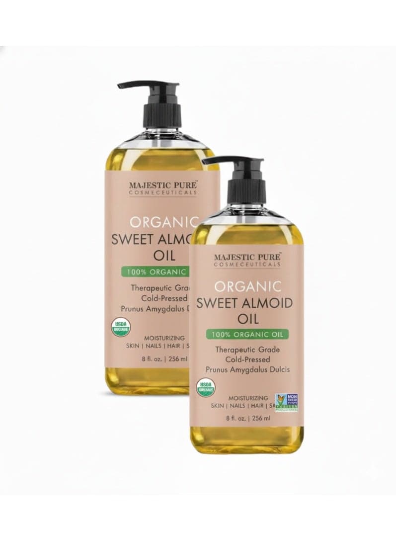 Pack of 2 - Organic Sweet Almond Body Oil | Large 236 ml | 100% Pure & Natural Cold Pressed Oil Sweet Almond Oil for Skin, Face, Nails, Hair, Scalp & Massage | 236 ml