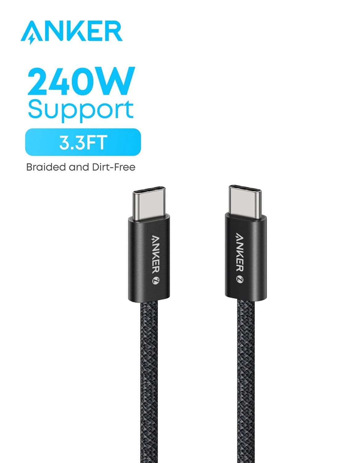 Zolo USB C to USB C Cable, Braided and Dirt-Free Type C Fast Charging Cable, Slim Connector, for iPhone 16 Series, MacBook (240W) (Black, 3.3ft) Black