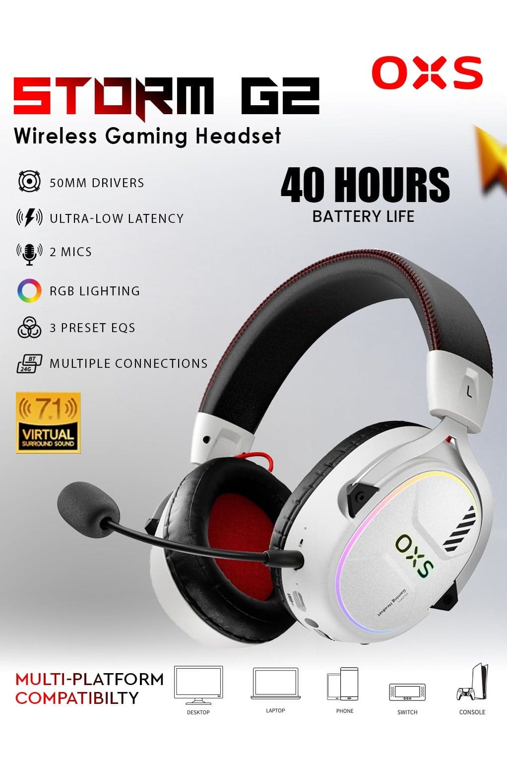 OXS Storm G2 Wireless Gaming Headset, Over-Ear Gaming Headphones with 7.1 Virtual Surround Audio, 3 EQ Modes, Low Latency 2.4GHz, 50mm Driver, RGB Light, Bluetooth 5.3, Compatible with PC, Console, Mobile Phone, White