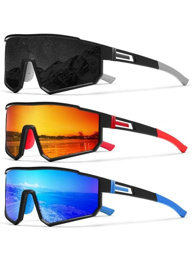 3-Pack Polarized Sports Sunglasses for Men,UV400 Protection Mountain Bike Sun Glasses Big Frame Goggles