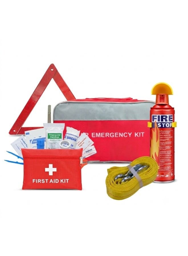 Car Emergency Safety Kit with Fire Extinguisher, First Aid Kit, Reflective Warning Triangle & Tow Rope | Roadside Emergency Kit for Cars, SUVs| Portable Emergency Bag | Red