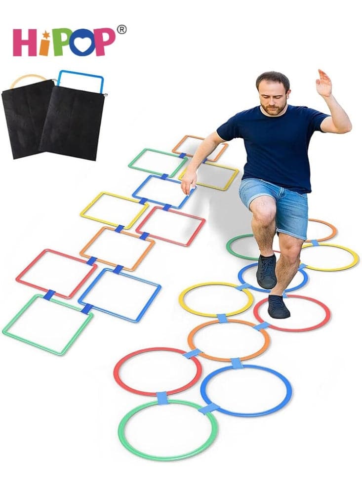 2 Sets Hopscotch Rings, 20 Plastic Square & Round Hoops with 30 Connectors, Indoor Outdoor Ring Game Toys Obstacle Course Agility Balance Training Rings (15 Inch)