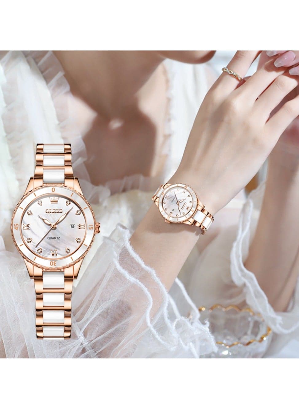 Ladies' Watch Slim Ceramic Strap Iridescent Mother-of-Pearl Dial High-Hardness Coated Mirror Luminous Calendar Waterproof Student Watch