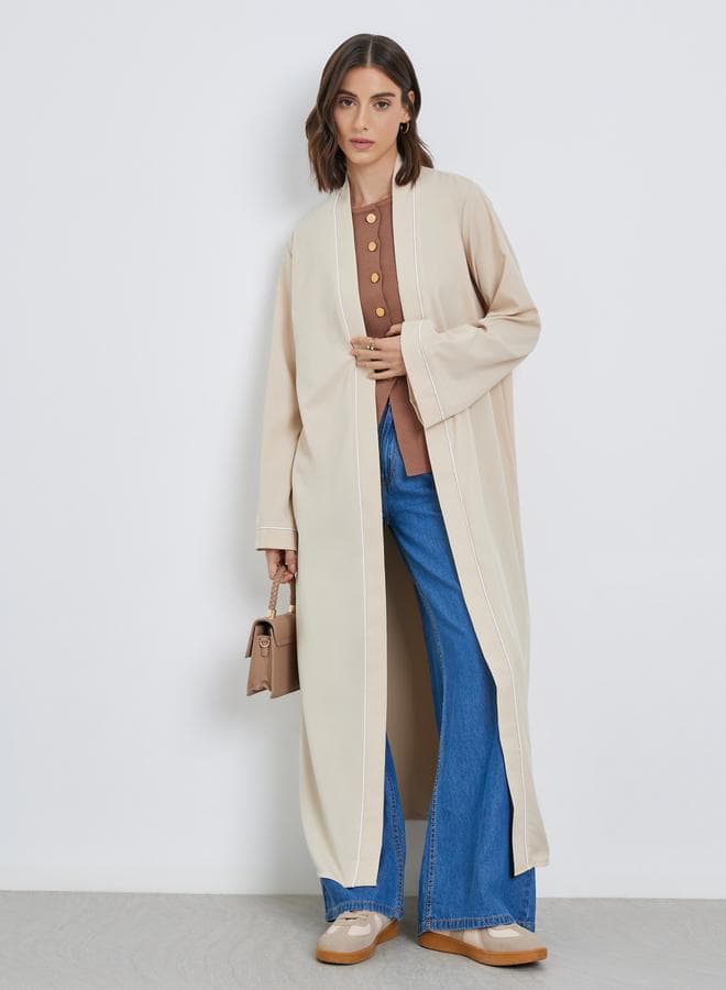 Women Beige Front Open Kimono with Pipping Detail