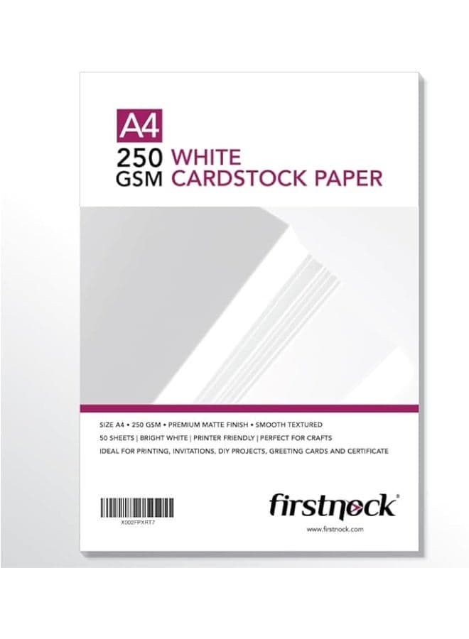 Firstnock A4 White Cardstock Paper | 250 GSM Thick Smooth Textured Sheets | Premium Matte Finish Card Paper for Printing, Crafts, Invitations, DIY Projects & Office Use – 50 Sheets
