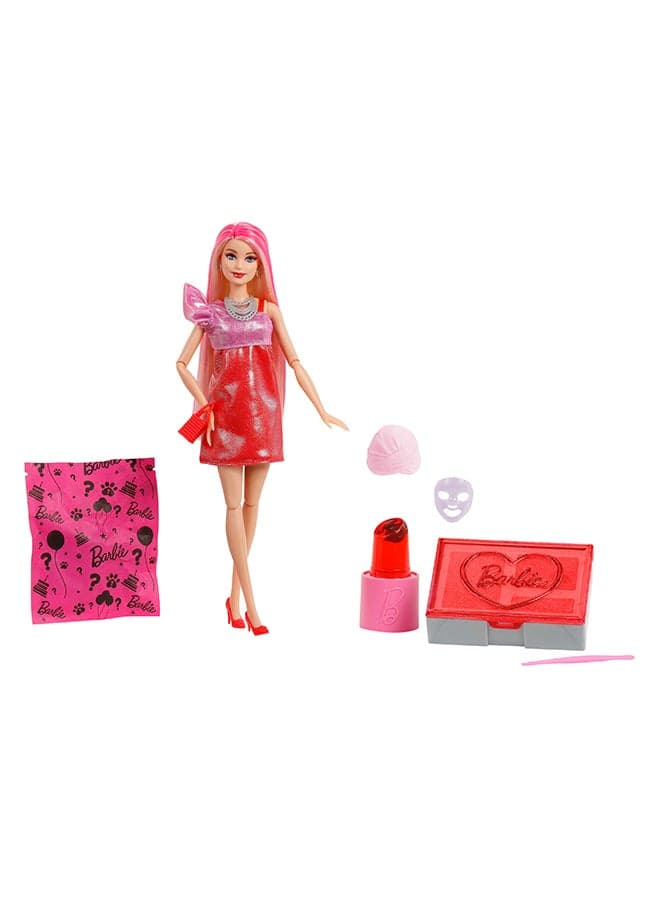 Party Unboxed Doll & Accessories, Glam Party Series With 10 Surprises Including Color-Change, Red Sparkle Doll