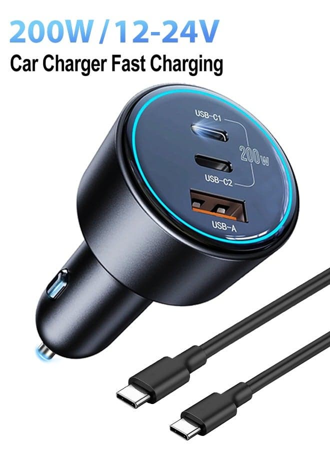 200W USB C Car Charger Fast Charging, Dual PD 100W Type C Car Charger Adapter, PD3.0/QC4.0/PPS/AFC/FCP Super Fast Charging for iPhone 17/16/15, ipad pro, Galaxy S24/S23 Ultra, Huawei Mate70, MacBook, Laptop etc.(With 100W USB C Cable)
