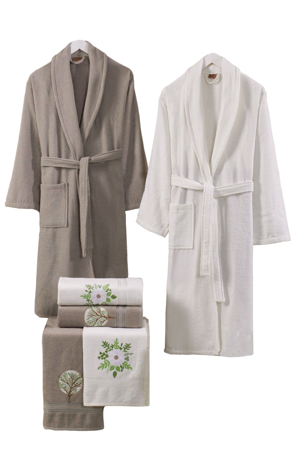6-Piece Turkish Velour Cotton Family Bathrobe Set with Matching Bath Towels and Hand Towels Brown/Ivory