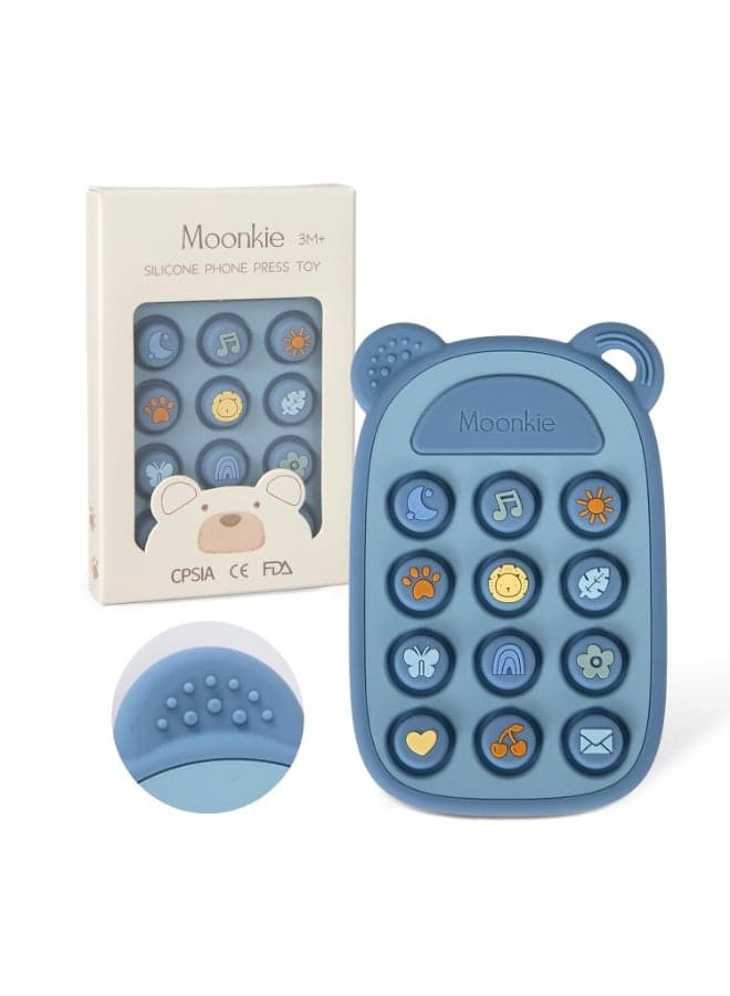 Moonkie Silicone Phone Teether Toy for Babies 3M+ | BPA-Free Sensory Teething Toy with Pop Buttons & Learning Icons | Soft Baby Teether Gift for Boys
