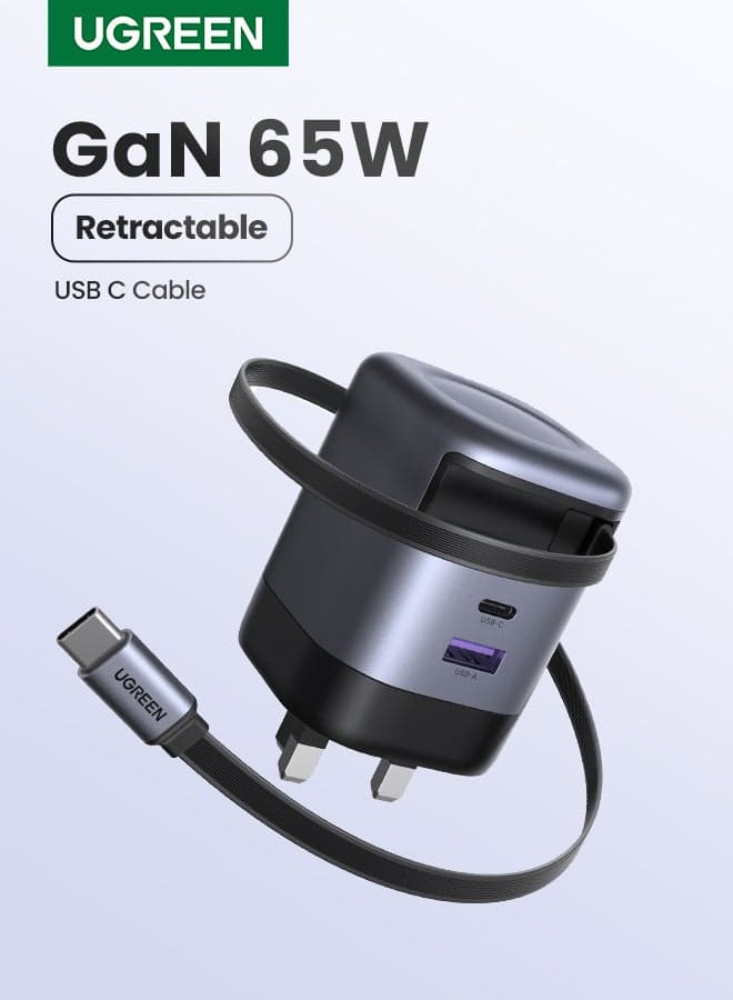 Nexode GaN 65W Type C Charger 2C1A Retractable 0.69M Adjustable Fast USB C Adapter Portable Wall Plug Compatible With Samsung Galaxy 26 Series, MacBook Pro/Air, iPad Pro, iPhone 16 Series, Dell, Lenovo Space Grey