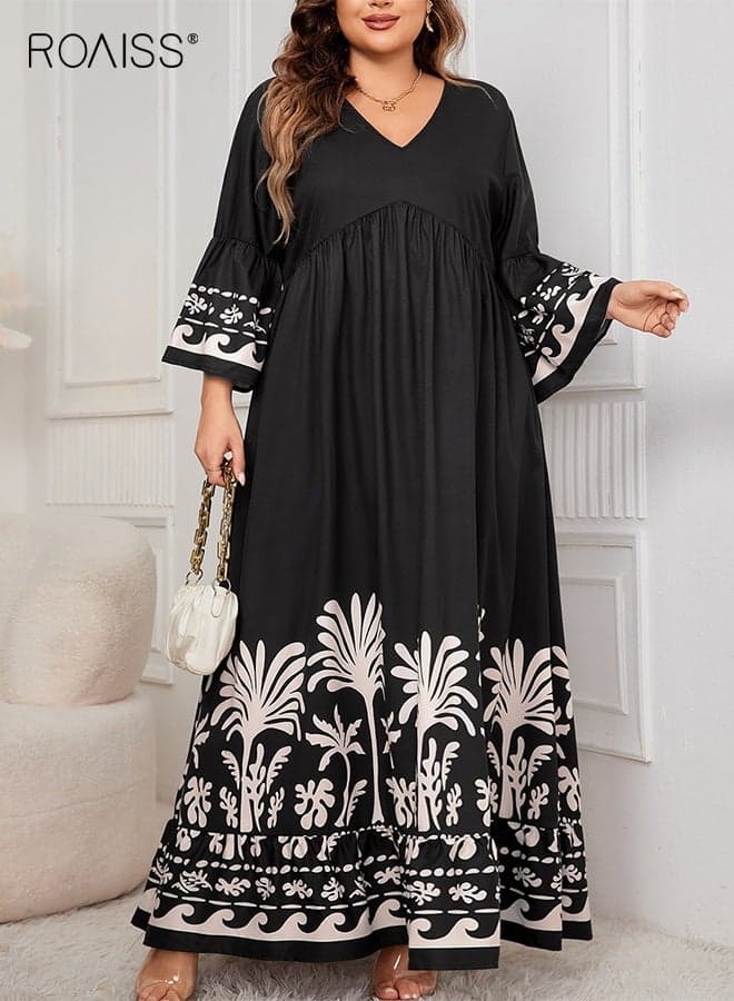 Women's Long Sleeve Loose Dress Elegant V Neck Printed Long Maxi Dress For Women Boho Style Flowery Pattern Dress