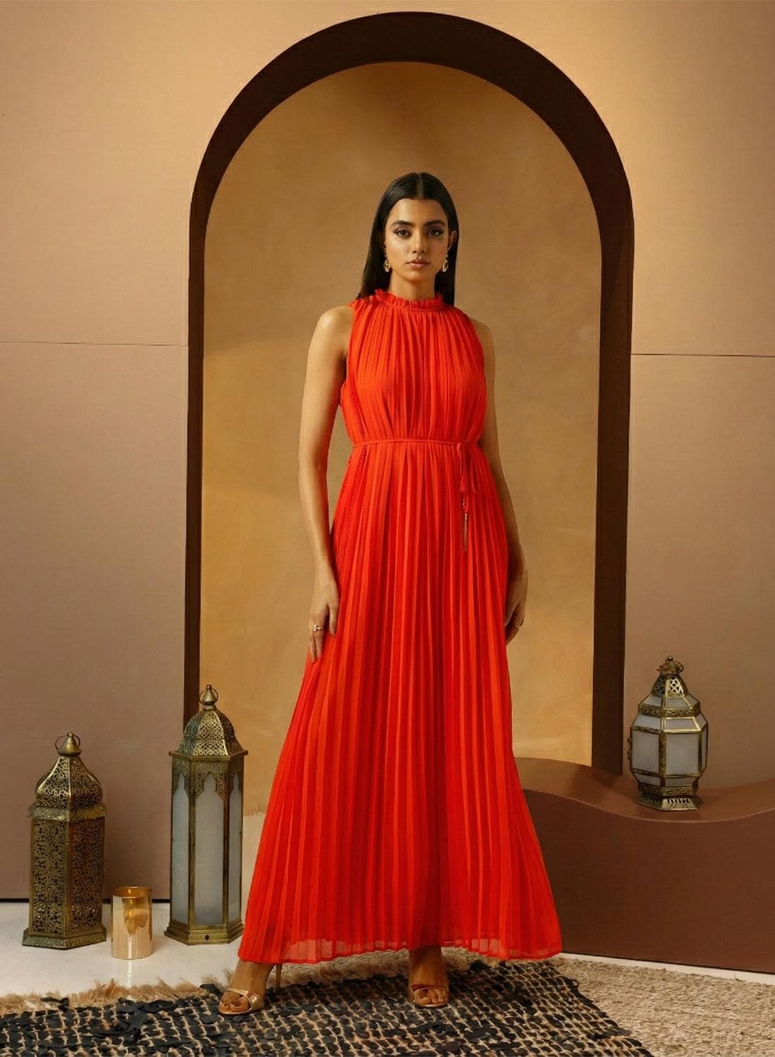 Tie Detailed Plisse Maxi Dress