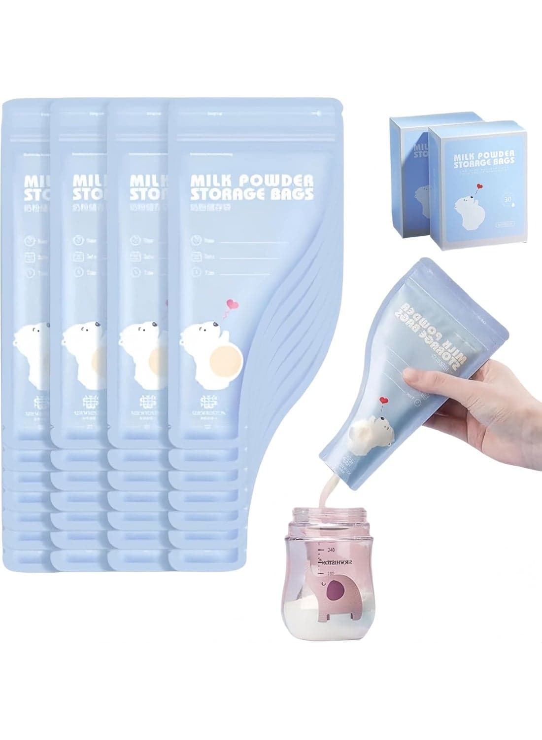 30 PCS Baby Food Storage Bags Milk Powder Dispenser Portable Disposable Infant Feeding Pouches Formula Container 300ml/50g BPA Free Capacity for Toddlers Care Parents (blue)