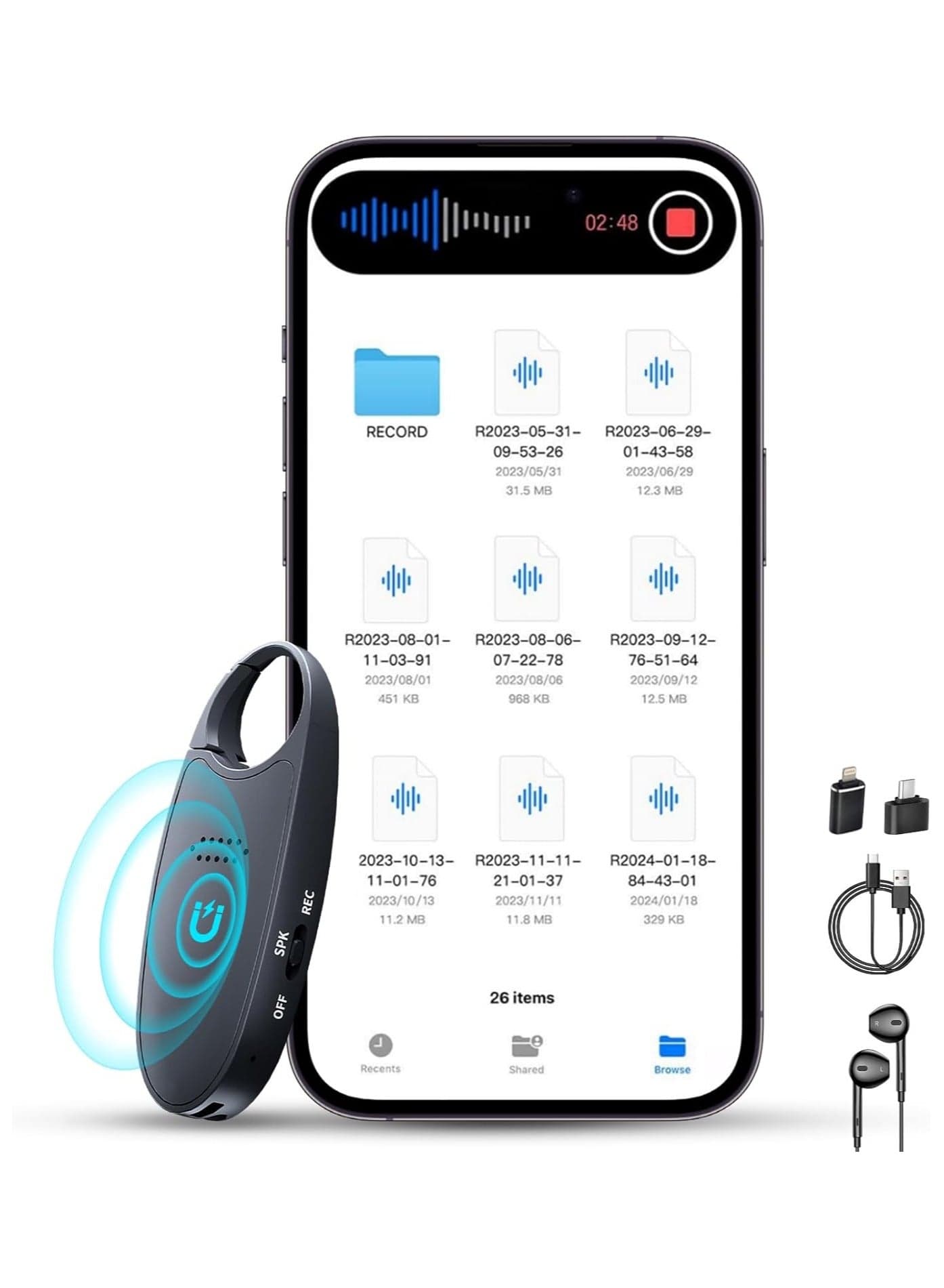 64GB (800 Hour) Digital Magnetic Voice Recorder with Playback, 4-in-1 Portable Mini Voice Activated Audio Recorder with AI Noise Cancelling, MP3 Player, Voice Device for Lectures, Meetings, Classroom