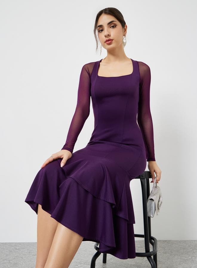 Purple Mesh Long Sleeves Mermaid Hem Midi Dress