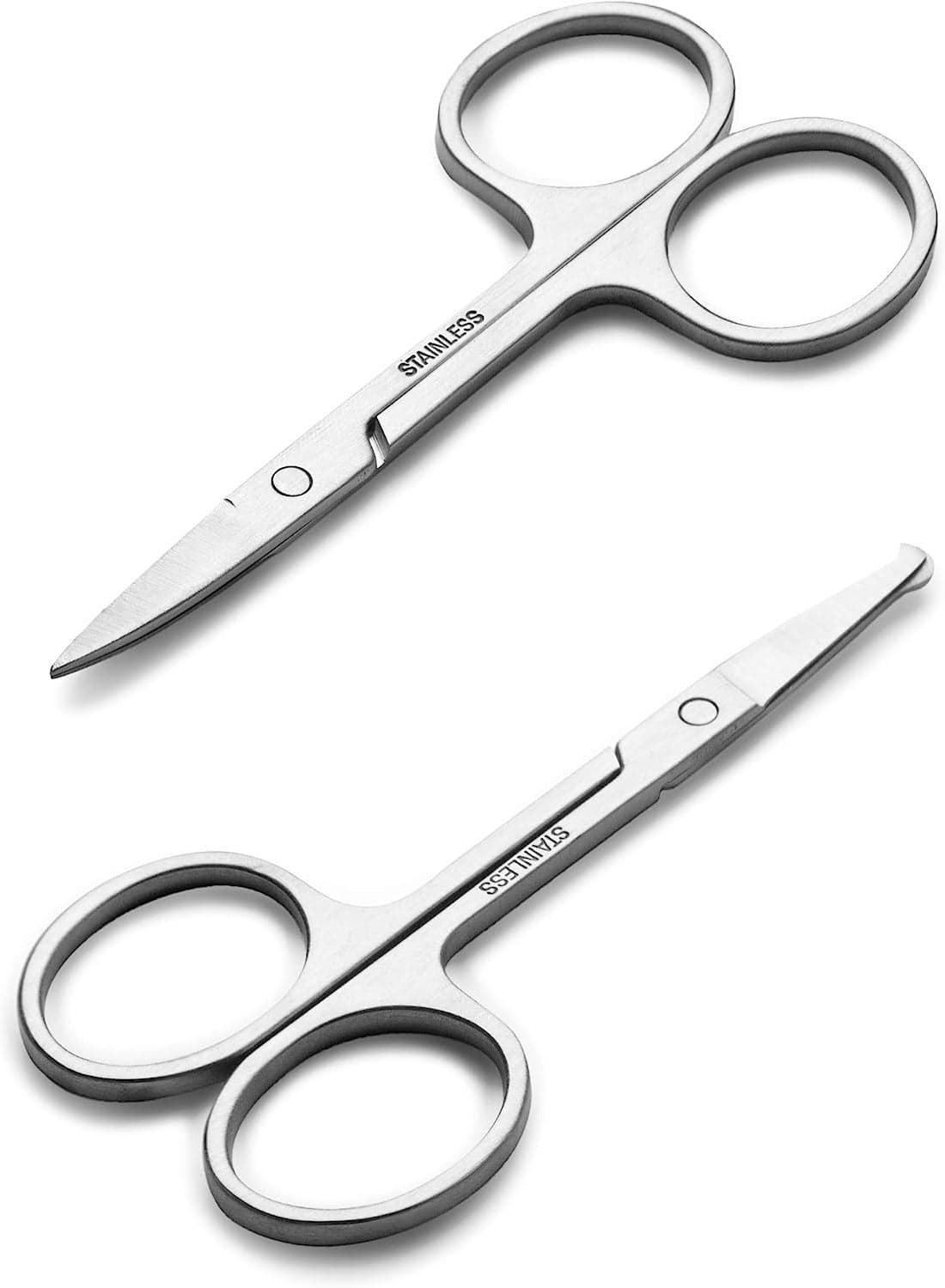 2PCS Small Facial Hair Grooming Scissors for Men and Women Eyebrow Nose Mustache Beard Eyelash and Ear Trimming Kit Curved and Rounded Safety Tip Clippers Silver