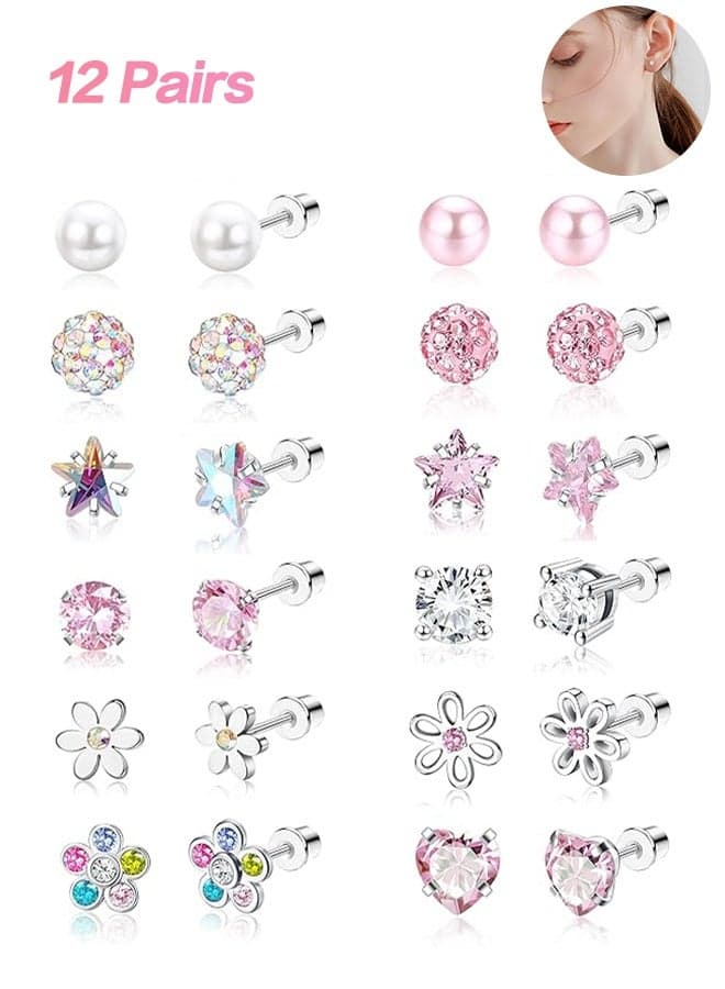 12 Pairs Small Stud Earrings for Girls Hypoallergenic Earring Inlaid Cubic Zirconia Earring Surgical Stainless Studs Tiny Screw Back Cartilage Earrings for Women Girls