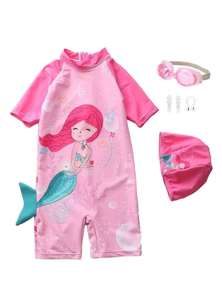 Children's Swimsuit For Girls Mermaid Design Short Sleeve With Cap One Piece Surfing Suit Baby Swimming Pool Girl Swimsuit