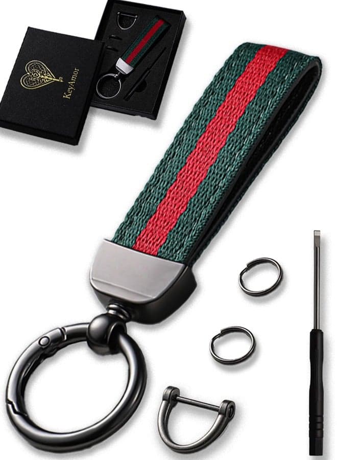 Elegant metal and fabric keychain car key holder for adults. Stylish keychain with gunmetal-coloured rings, perfect for men, featuring 3 key rings for added functionality. Made with elegant and refined green and red fabric, it offers 360-degree rotation for convenience and comes beautifully packaged in a fancy gift box, making it an excellent accessory or gift choice.