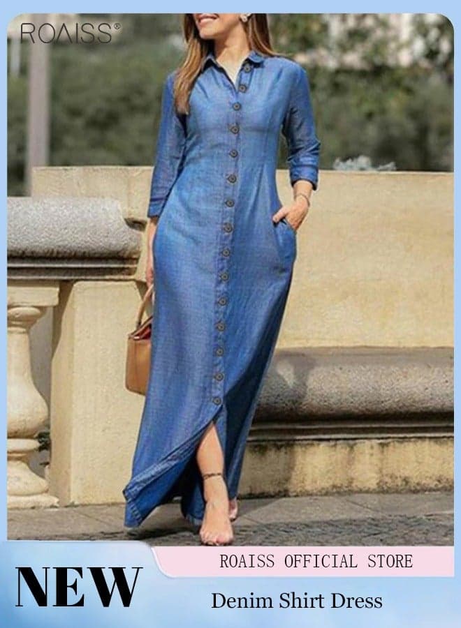 Women Denim Shirt Dress, Stylish Elegant Shirtwaist Dress for Ladies, Long Sleeve Button Down Frock with Polo Collar and Side Pocket, Suitable for Daily Wear or Any Occasion