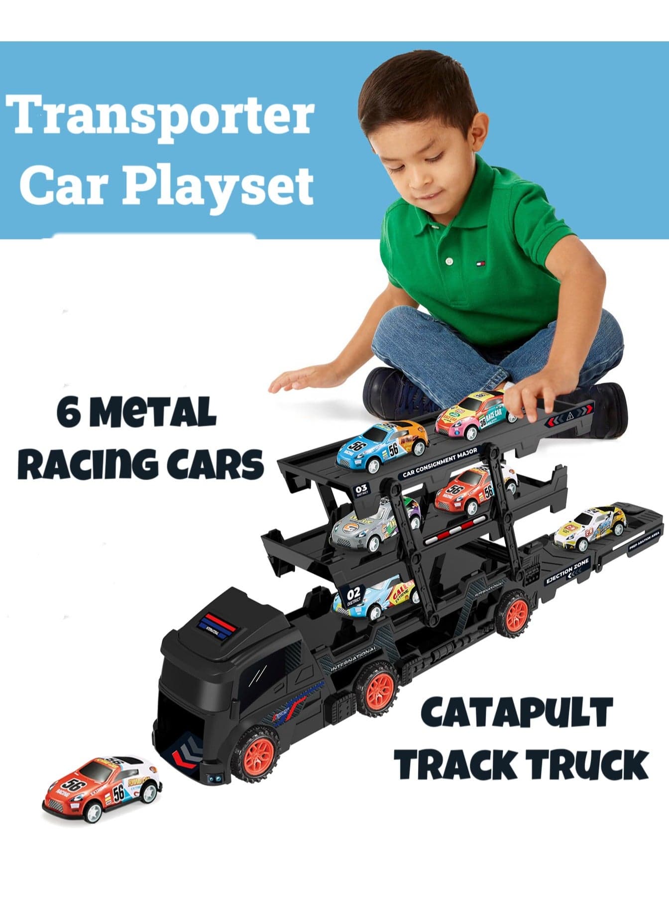 Transporter Car Playset, Catapult Track Truck with 6 Metal Racing Cars Foldable 4 Tier Storage Car Car Rack ,Expanded 45 cm Race Track for Kids Gifts for Ages 3 and Up, Birthday Gift (Black)