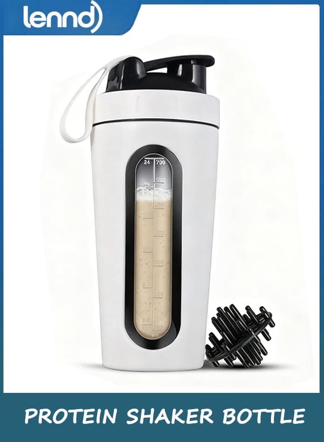 Protein Shaker Bottle, Protein Shaker Cup with shaker ball, Visible Window, Stainless Steel Shaker Bottle Leak Proof (WHITE)