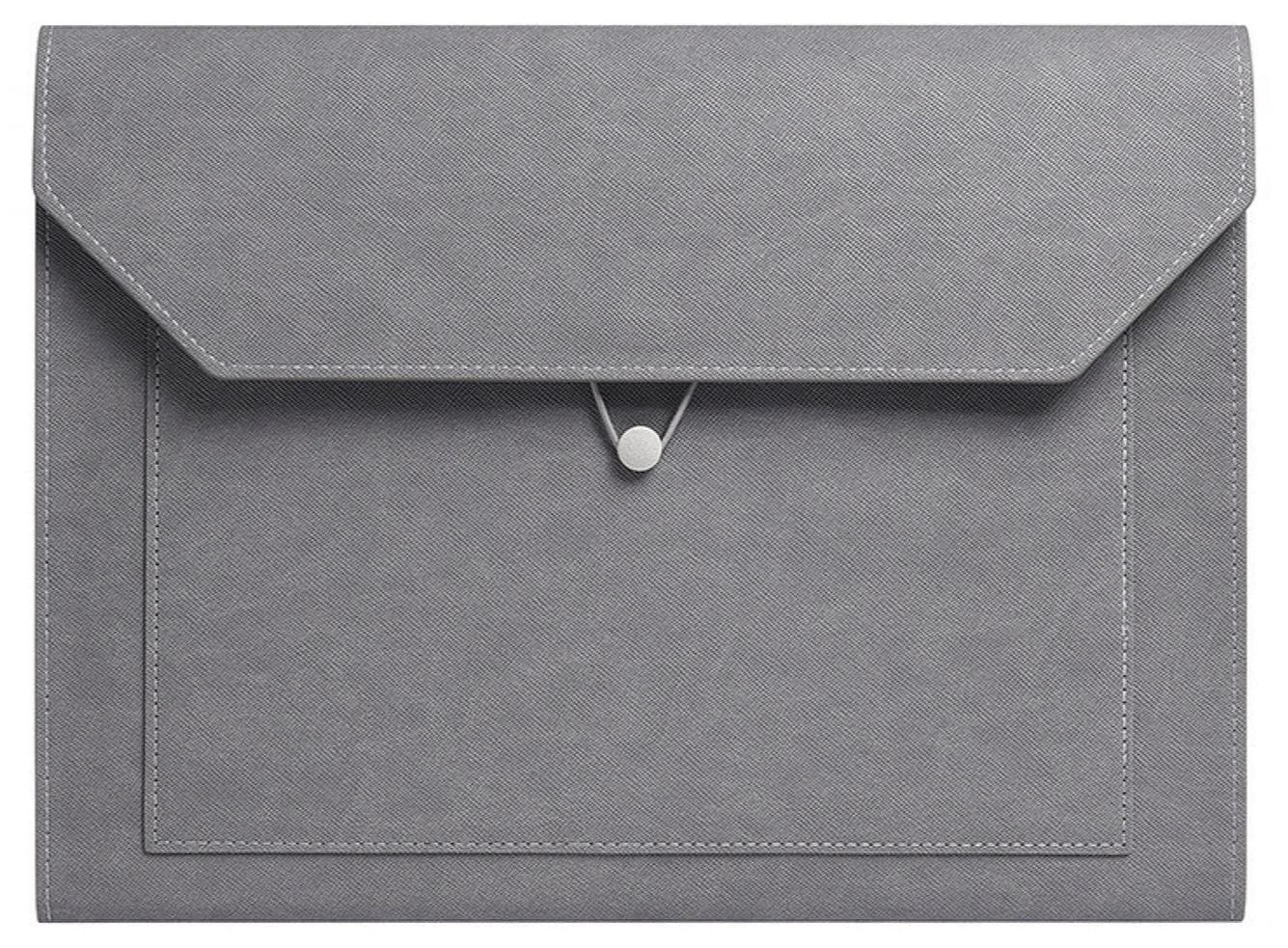 Leather A4 File Folder, 2 Pockets Waterproof PU Wallets Document Holder with Elastic String, 2CM Expansion Portable Portfolio Envelope Organizer Case for Travel Meeting Business Office (Gray)