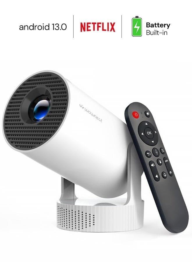 Mini Smart Projector |180 ANSI Lumens |12000mAh Battery | Android 13 | 4K Support |Auto Keystone |2.4G/5G WiFi |BT5.4 |Portable LED Projector |2+16GB | Up to 130" Display | HDMI/USB HY300 PRO MAX White