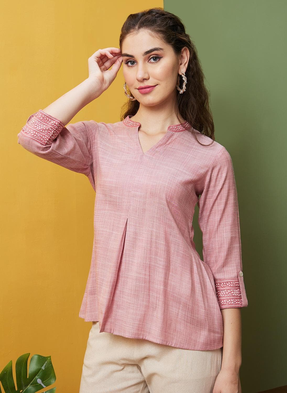 Globus Women's Embroidered Flared A Line Tunic with Mandarin Collar