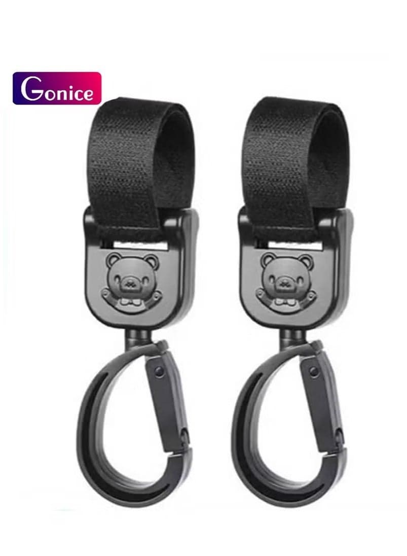 Non-Slip Baby Stroller Hooks with Lovely Bear Pattern, 360-Degree Rotating Stroller Bag Clips for Hanging Diaper Bags, Black