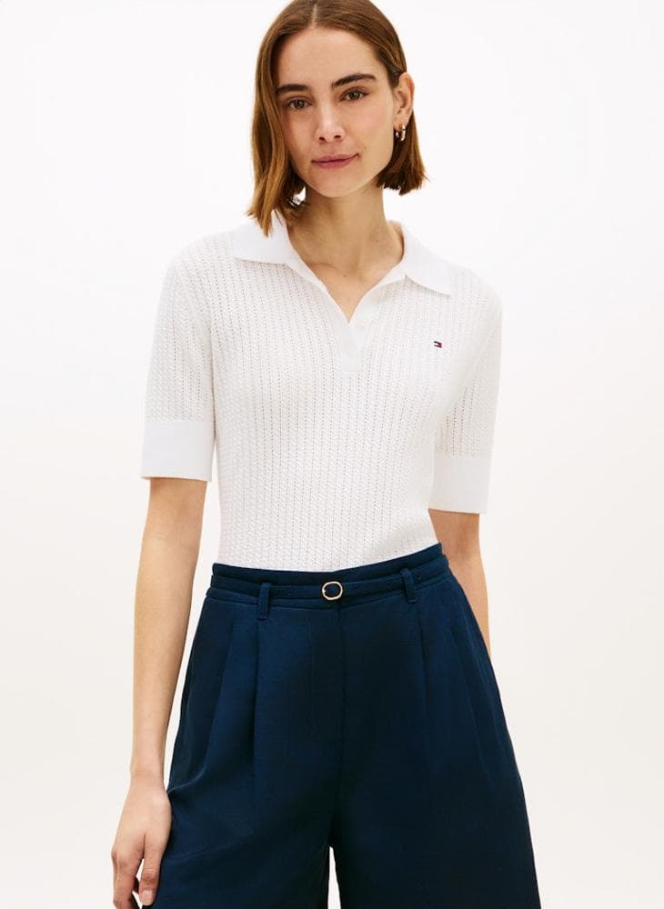 Pointelle Short Sleeve Polo Jumper