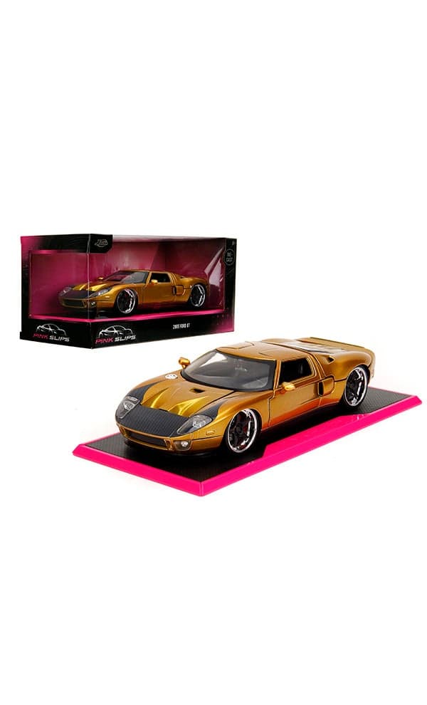 Pink Slips 2005 Ford GT Die-Cast Collectible Model Car with Base, 1:24 Scale, Gold/Black