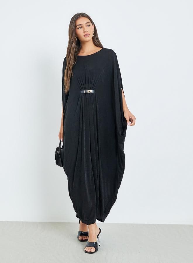 Black Kimono Sleeve Maxi Dress with Buckle Detail
