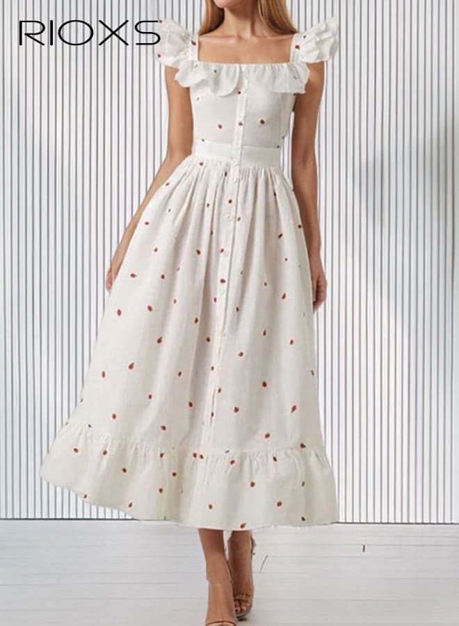 Women's Square Neck Polka Dot Maxi Dress, Summer A-Line Ruffle Strap Sleeveless Flowy Long Beach Sundress, Elegant High Waist Long Dress for Vacation Party Wedding Guest