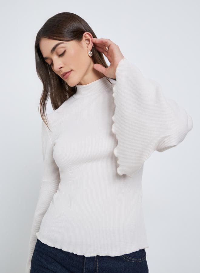Styli Off White Ribbed Knit Flared Sleeve Top