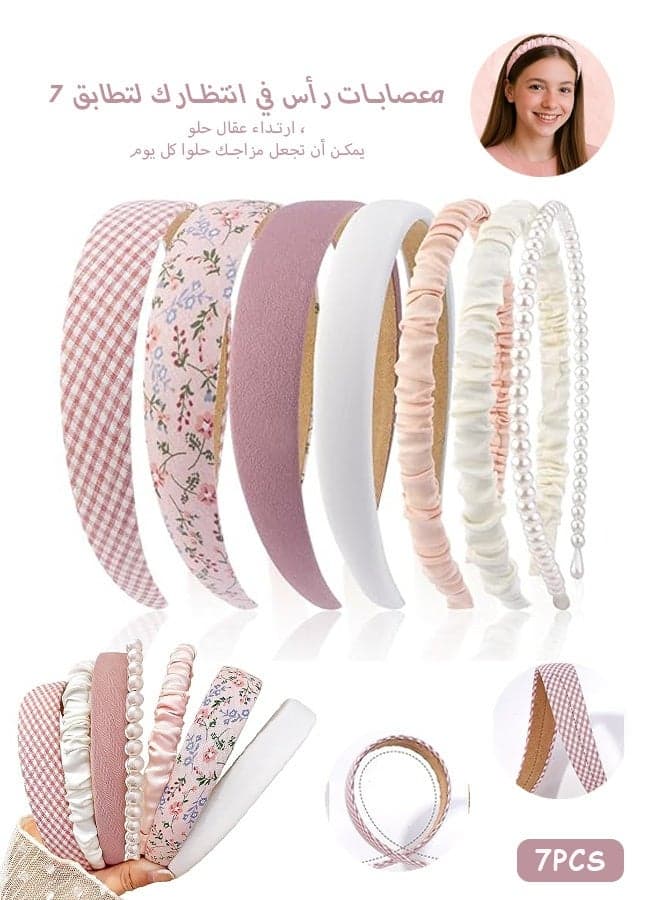 7 Pcs Headbands for Women Girls - Non Slip Floral Padded Headbands Cute Pearl Headband for Girls Vintage Wide Headband