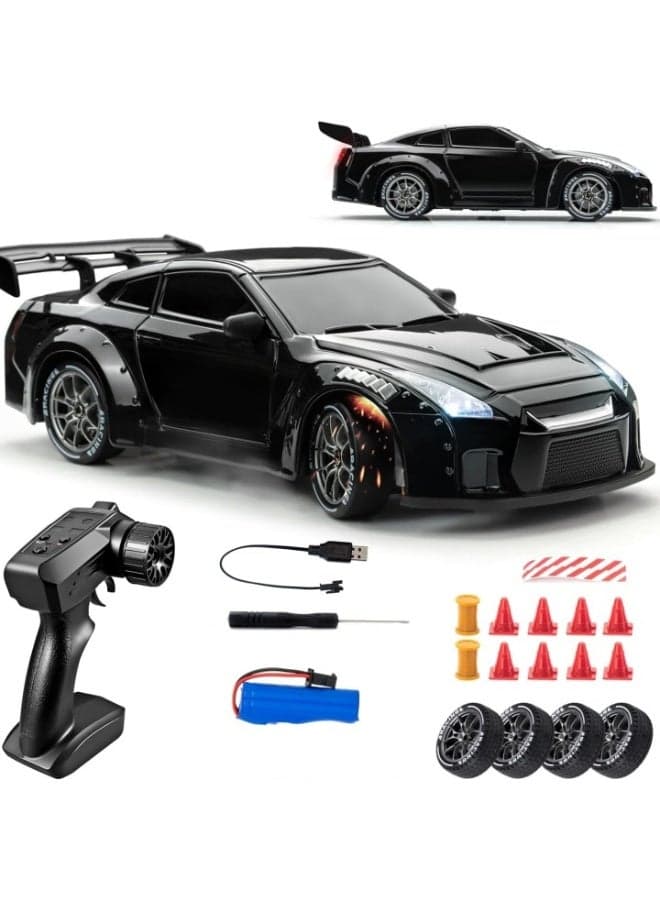 RC Drift Car, 1:24 Scale Remote Control Vehicle with LED Lights, 2.4GHz 20KM/H 4WD High Speed RC Cars, Drifting Tires&Two Batteries, Racing Sports Toy Idea Gift for Adults Boys Girls and Kids (Black)