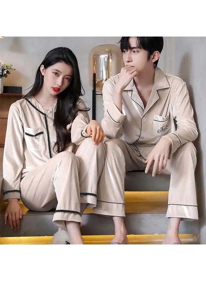 2 Pack Couple Velour Pajamas Set Long Sleeve Leisure Suit Home Clothes Soft Sleepwear Nightclothes Beige