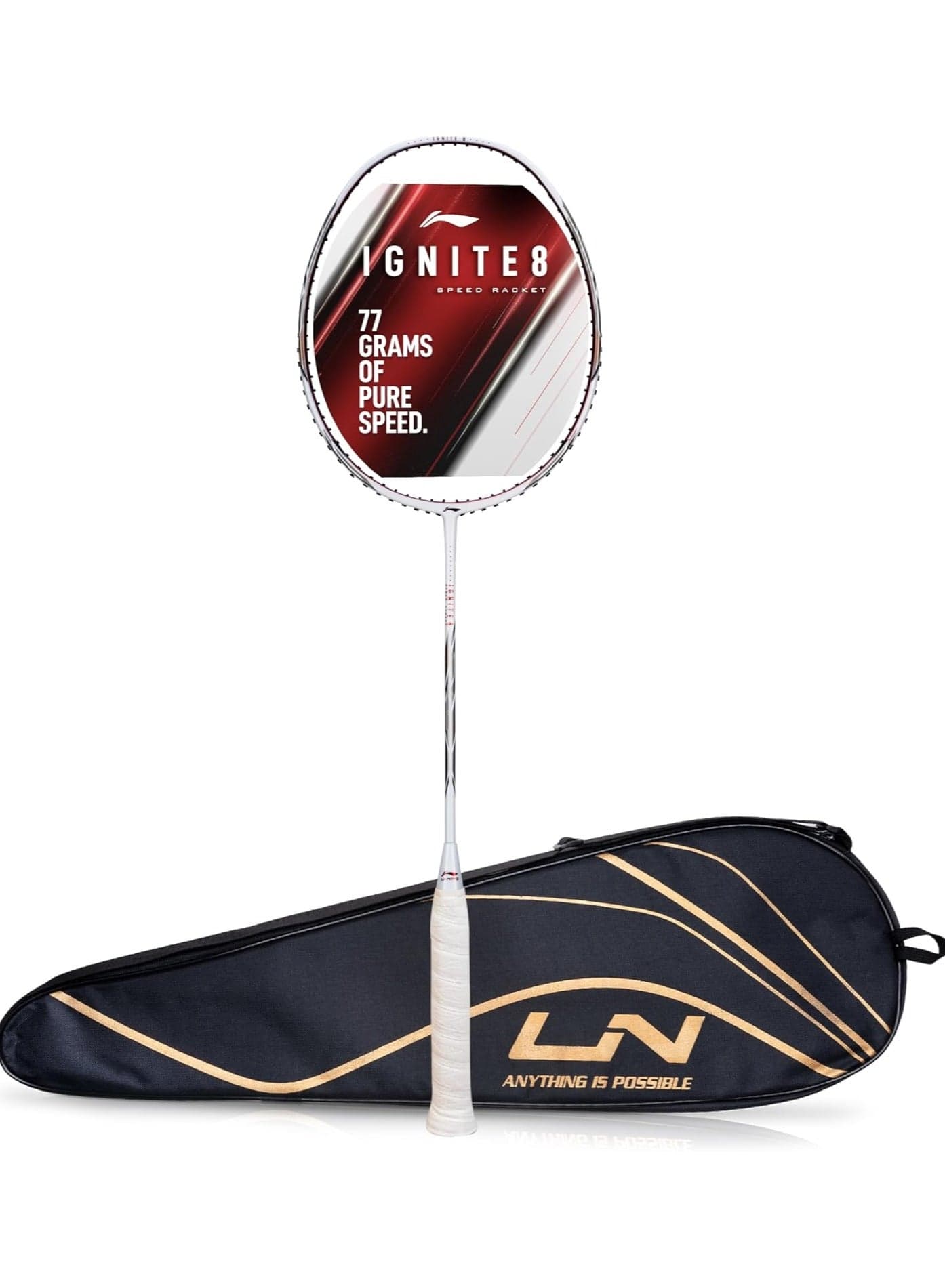 Li-Ning Ignite 8 Japanese Carbon Graphite Unstrung Badminton Racket with Full Cover (Pearl White/Fire Red, 77 Grams)