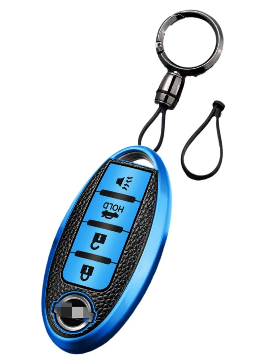 OUYoo For Nissan Key Fob Cover, for Nissan Altima Accessories Maxima Rogue Armada Pathfinder Infiniti Premium Soft TPU Full Cover Smart Remote Keyless Key,With key chain(4 Button only) (Blue)