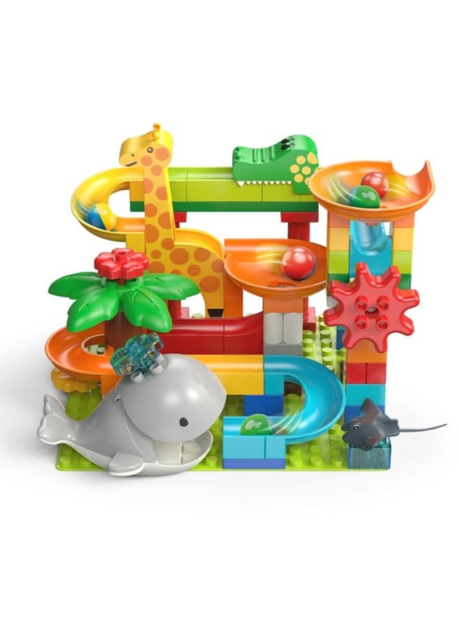 Whale Slide Run Big Building Blocks | 97 Pieces | Interactive Ocean & Zoo Animal Theme Construction Set | Giraffe & Crocodile Tunnels, Rotating Gears & Funnel | Educational STEM Toy for Kids