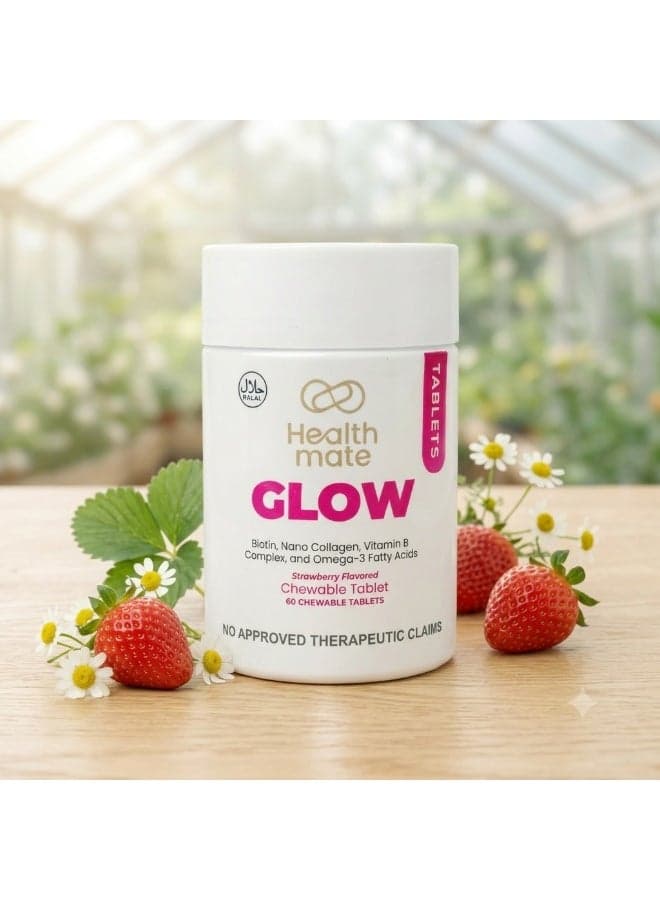 Health Mate Glow Strawberry Flavored Chewable Tablets With Biotin, Nano Collagen, Vitamin B Complex & Omega-3 – 60 Tablets