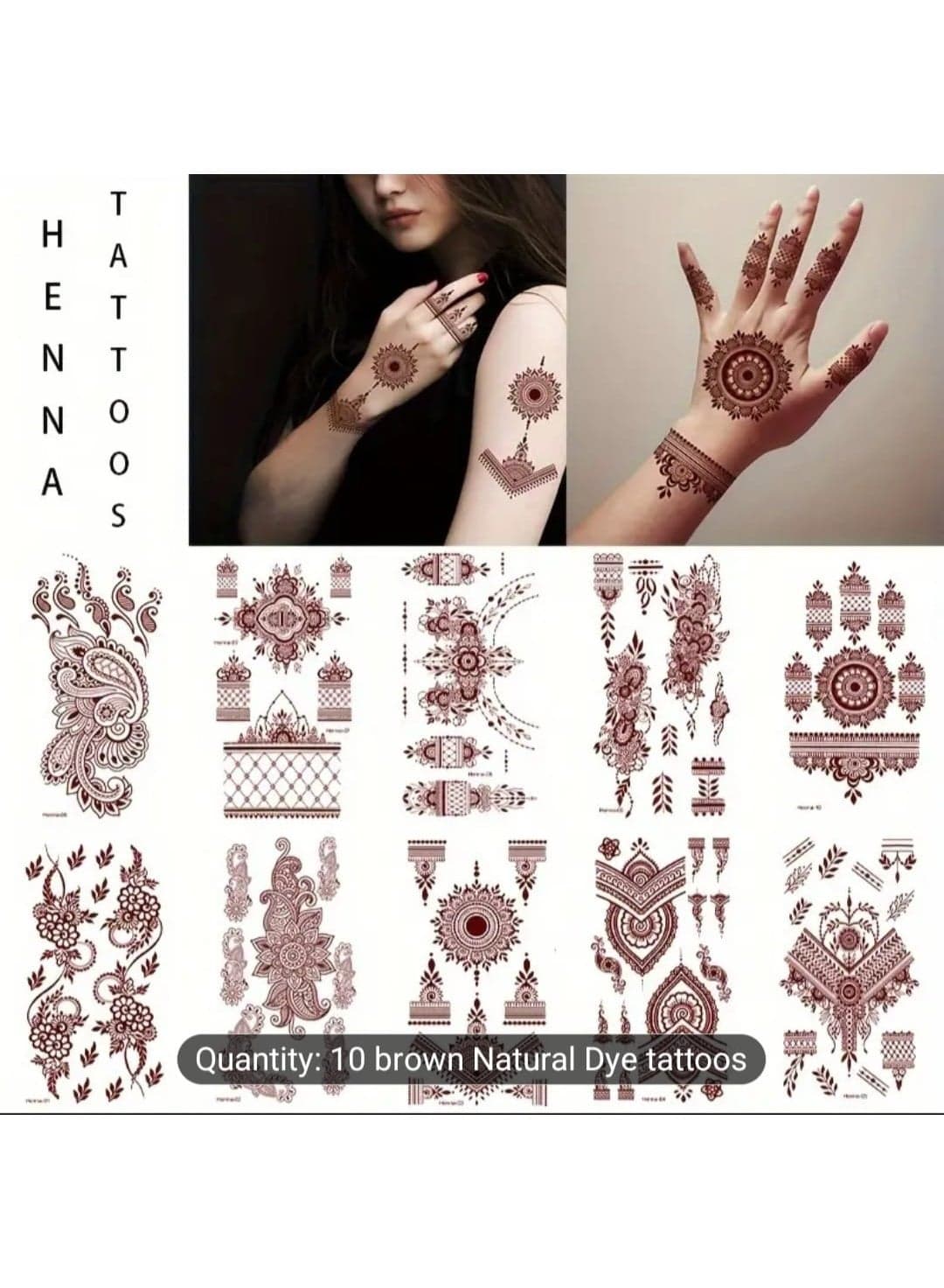 10 Pcs Women's Brown Henna-Like Temporary Tattoos- Non-Toxic Body Art Stickers with Elegant Floral, Geometric, Teardrop, Best for Wedding, Party, Festival, Everyday-Long-Lasting & Easy Application- Safe for Sensitive Light Beige, High Quality Print