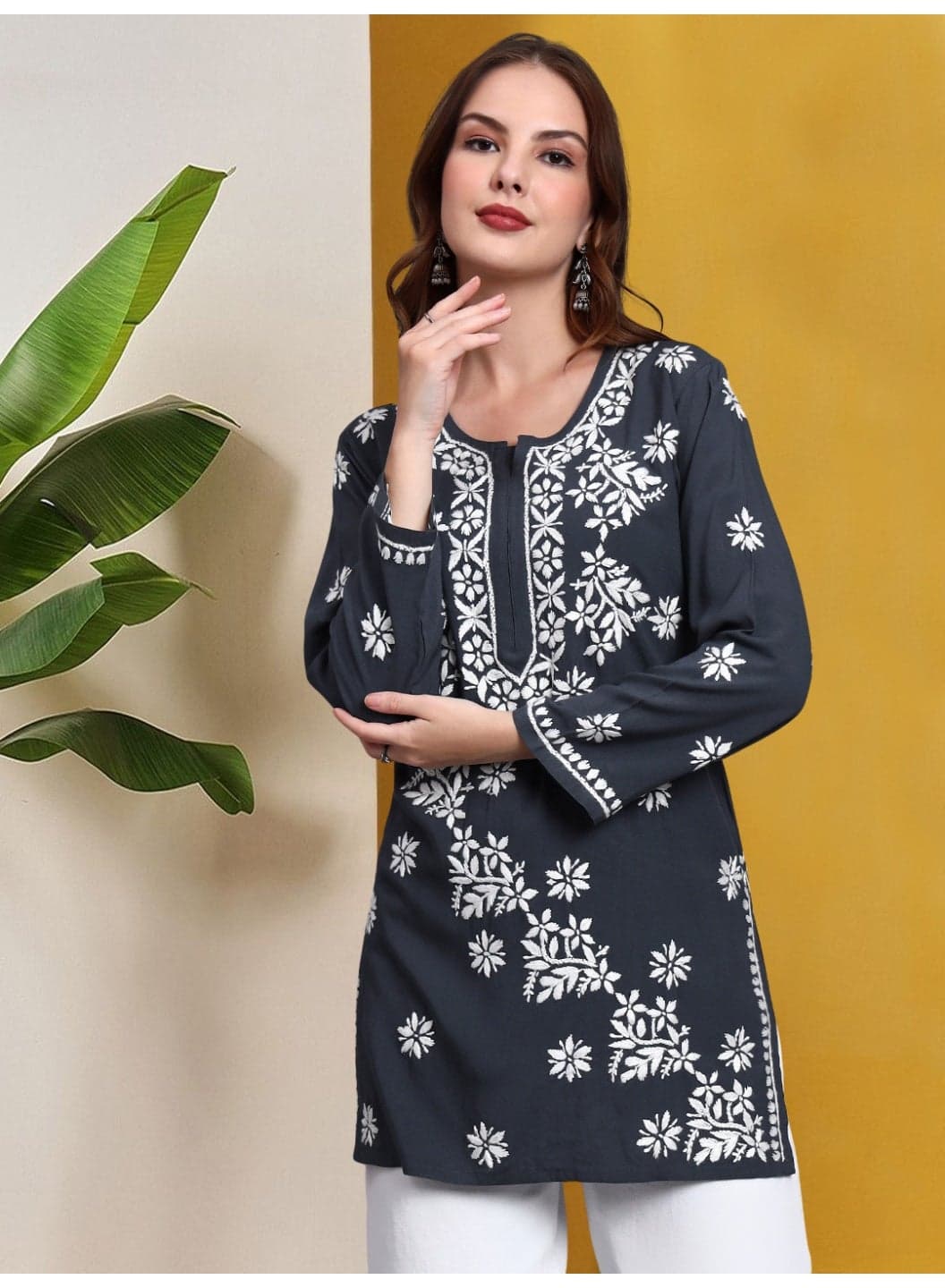 Women Chikankari Hand Embroidered Rayon Kurti -AL4071